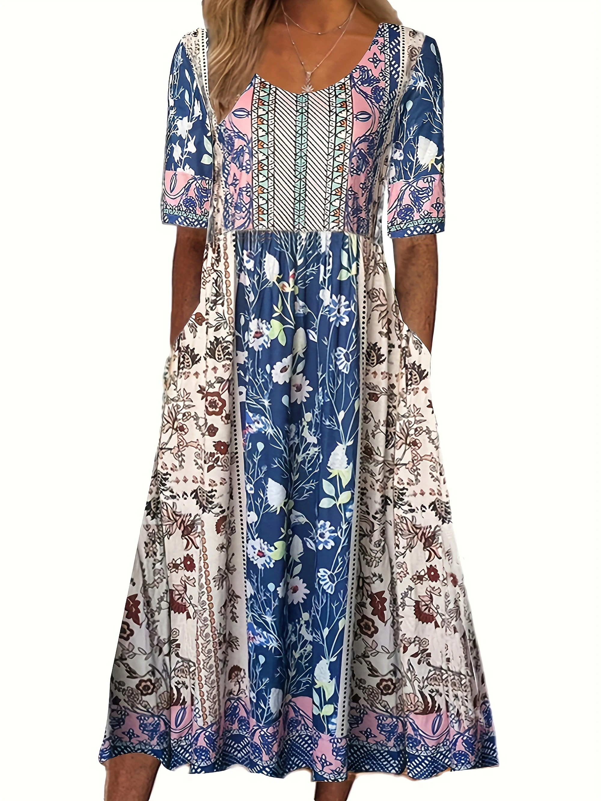 Women Boho Floral Print Midi Dress Round Neck Half Sleeve A Line Casual Dress With Pockets Summer Holiday Sundress
