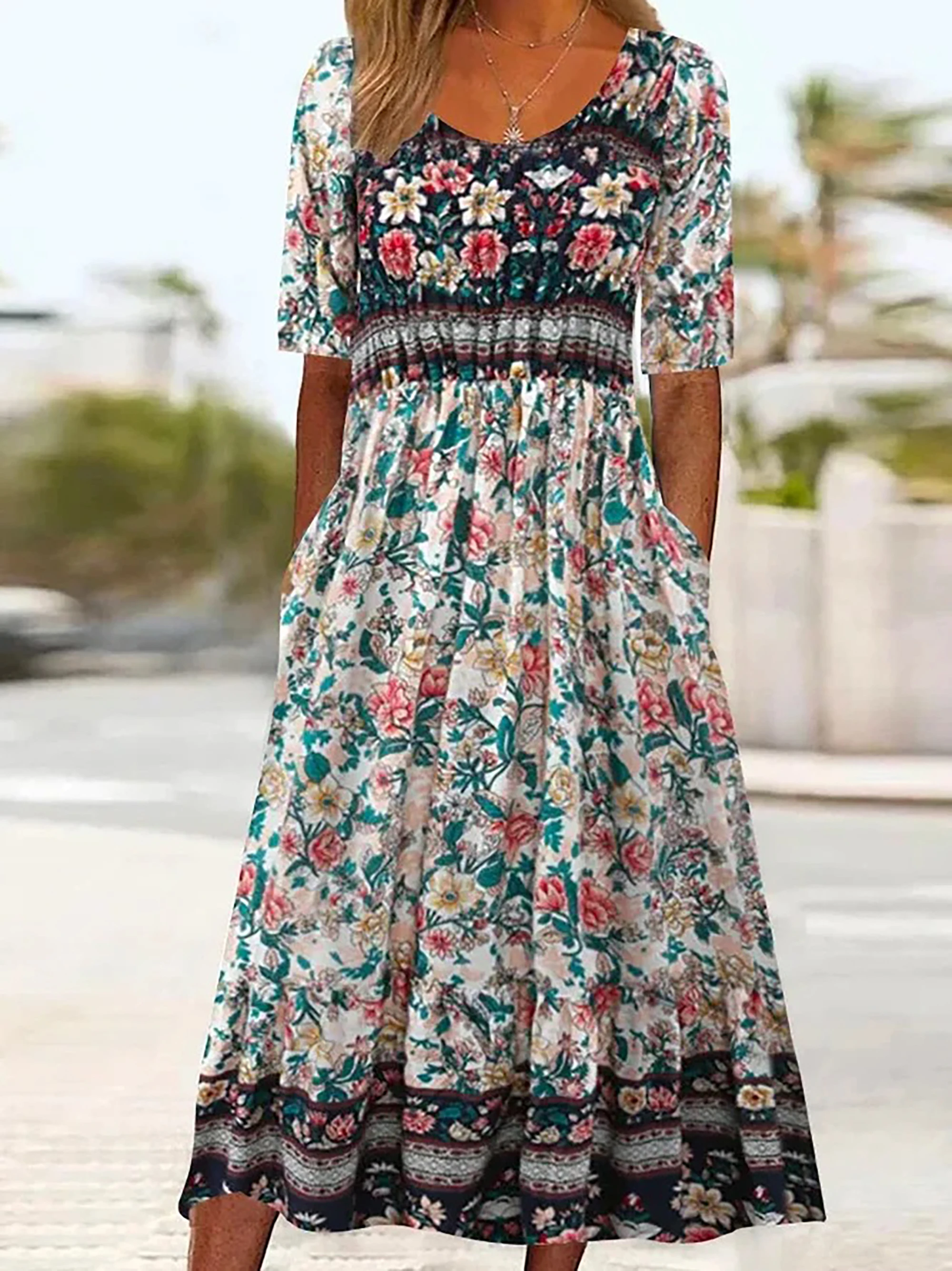 Women Boho Floral Print Midi Dress Round Neck Half Sleeve A Line Casual Dress With Pockets Summer Holiday Sundress