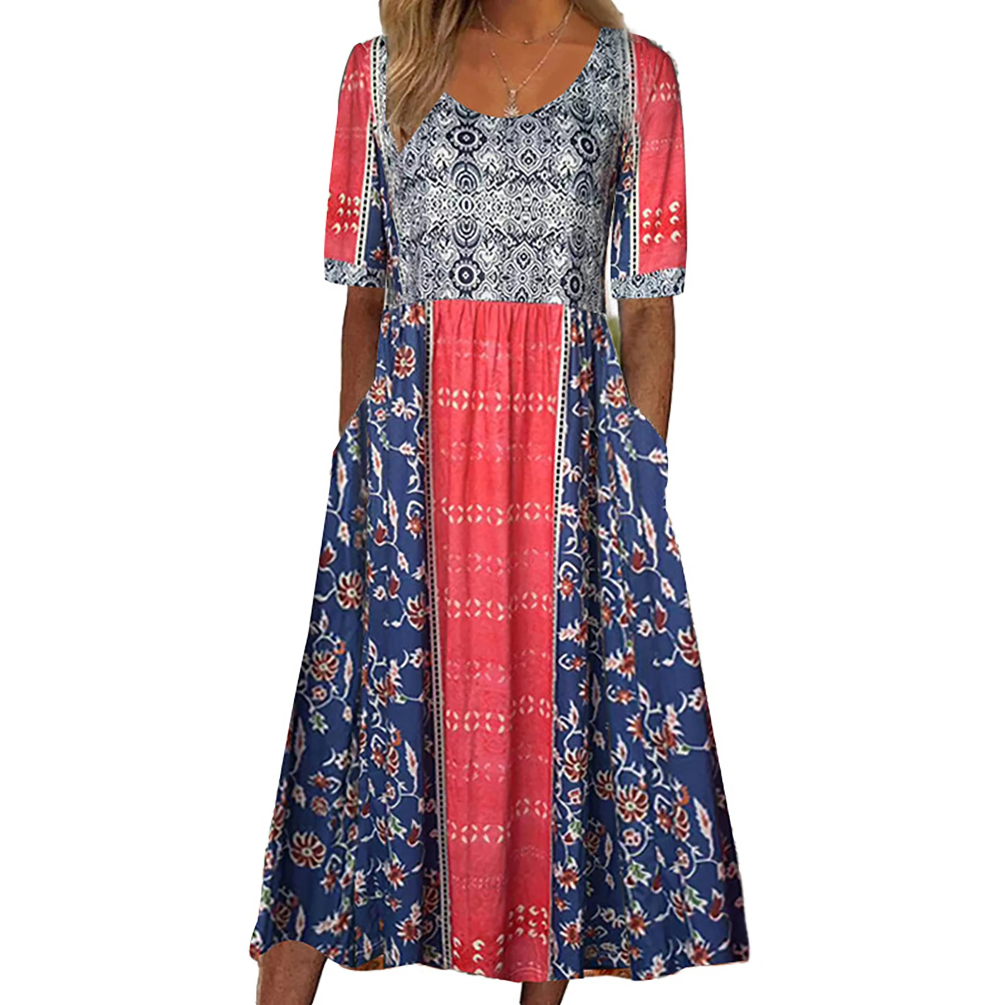 Women Boho Floral Print Midi Dress Round Neck Half Sleeve A Line Casual Dress With Pockets Summer Holiday Sundress
