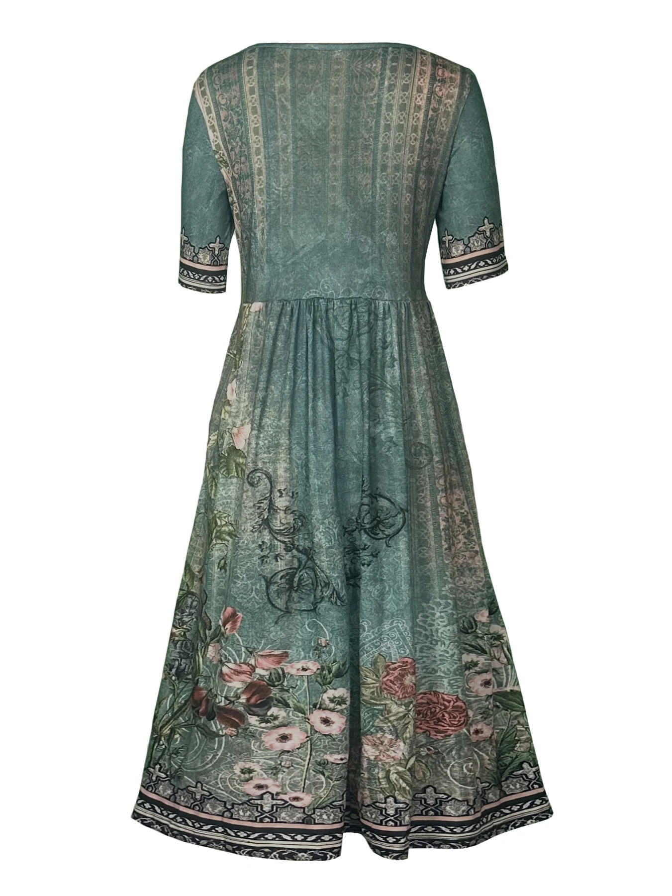Women Boho Floral Print Midi Dress Round Neck Half Sleeve A Line Casual Dress With Pockets Summer Holiday Sundress