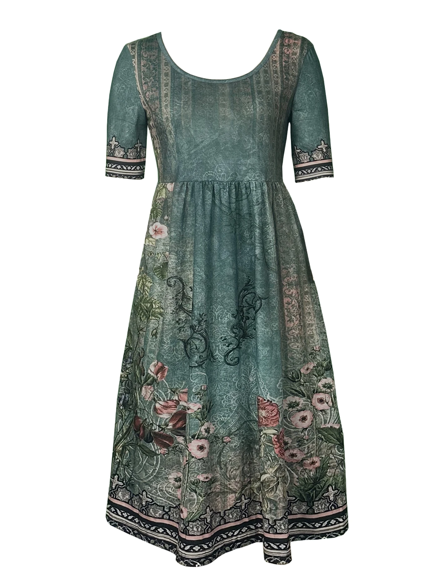 Women Boho Floral Print Midi Dress Round Neck Half Sleeve A Line Casual Dress With Pockets Summer Holiday Sundress