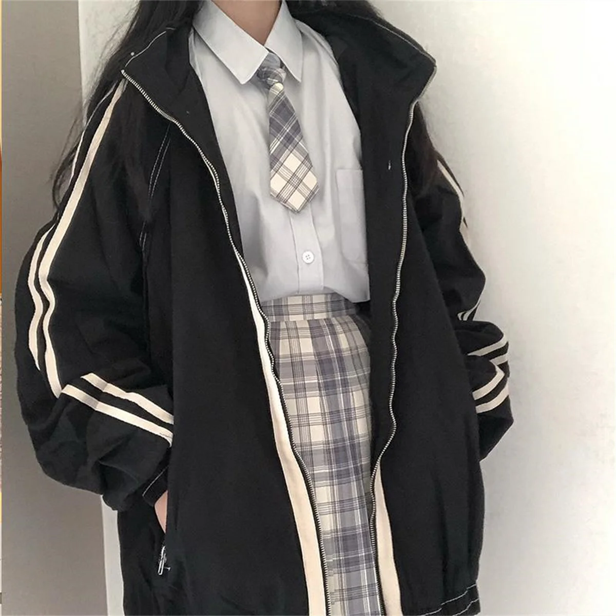 Spring Autumn Women Preppy Jackets Student Baggy Stand Collar Zipper Coats All-match Baseball Tooling Patchwork Outwear Casual