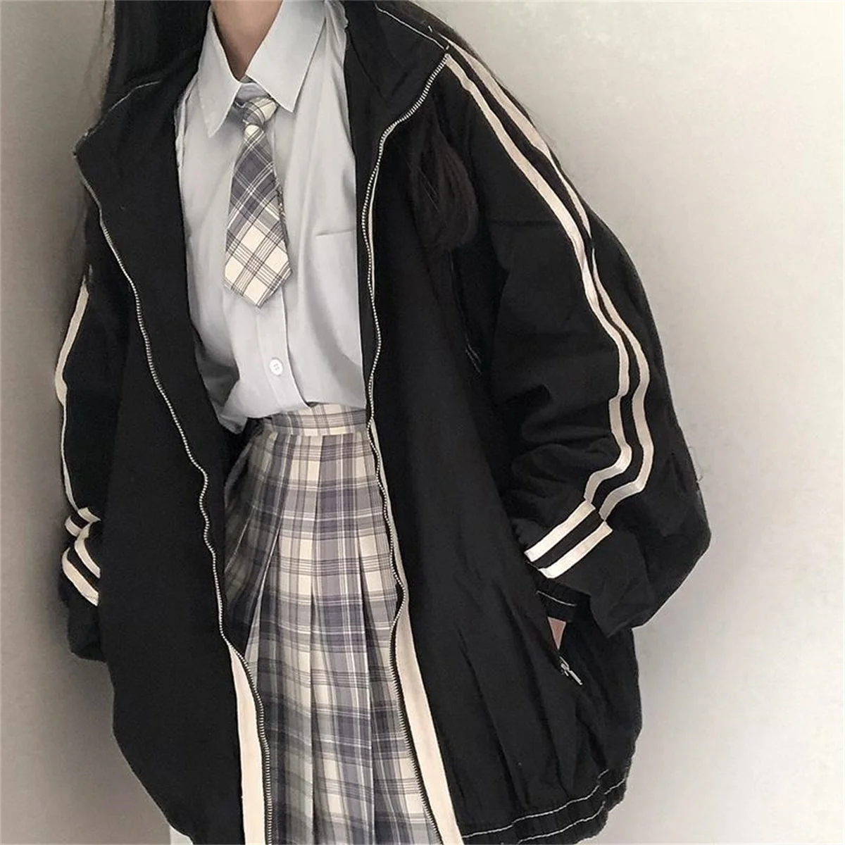 Spring Autumn Women Preppy Jackets Student Baggy Stand Collar Zipper Coats All-match Baseball Tooling Patchwork Outwear Casual