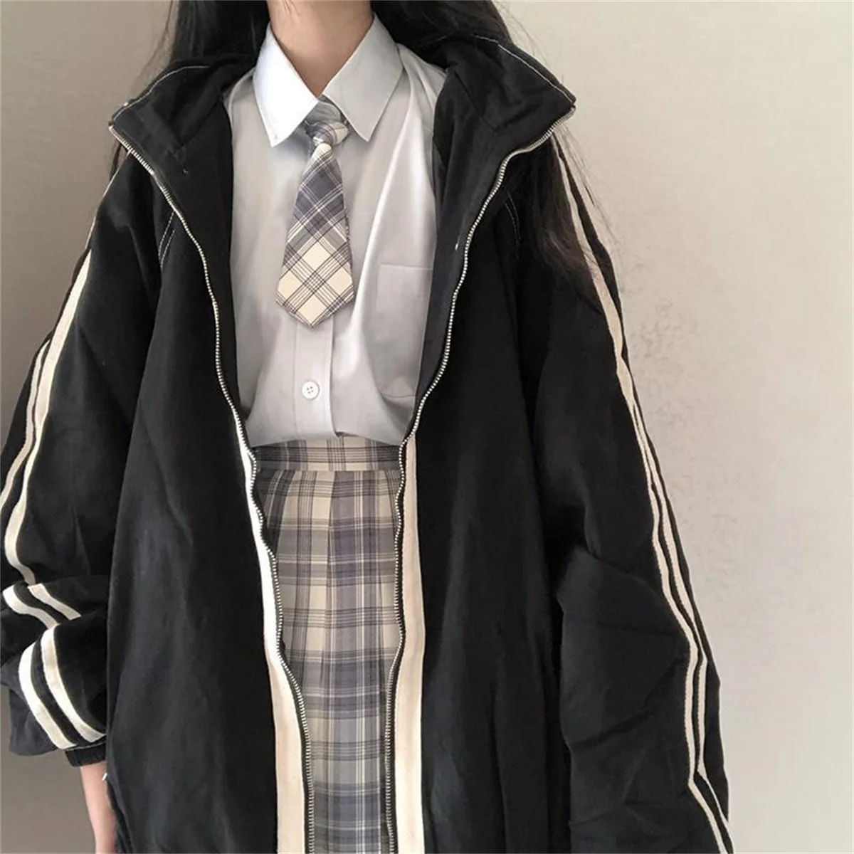 Spring Autumn Women Preppy Jackets Student Baggy Stand Collar Zipper Coats All-match Baseball Tooling Patchwork Outwear Casual