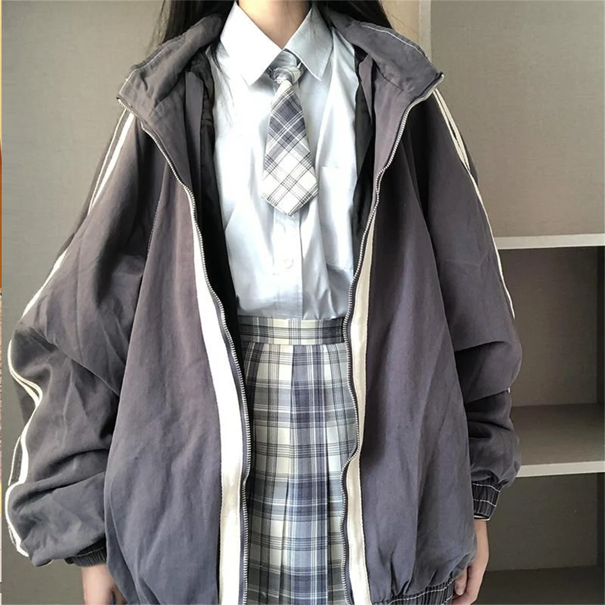 Spring Autumn Women Preppy Jackets Student Baggy Stand Collar Zipper Coats All-match Baseball Tooling Patchwork Outwear Casual