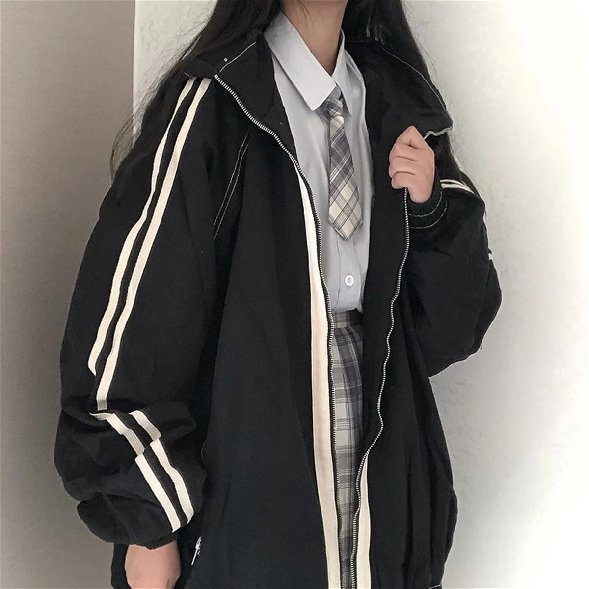 Spring Autumn Women Preppy Jackets Student Baggy Stand Collar Zipper Coats All-match Baseball Tooling Patchwork Outwear Casual