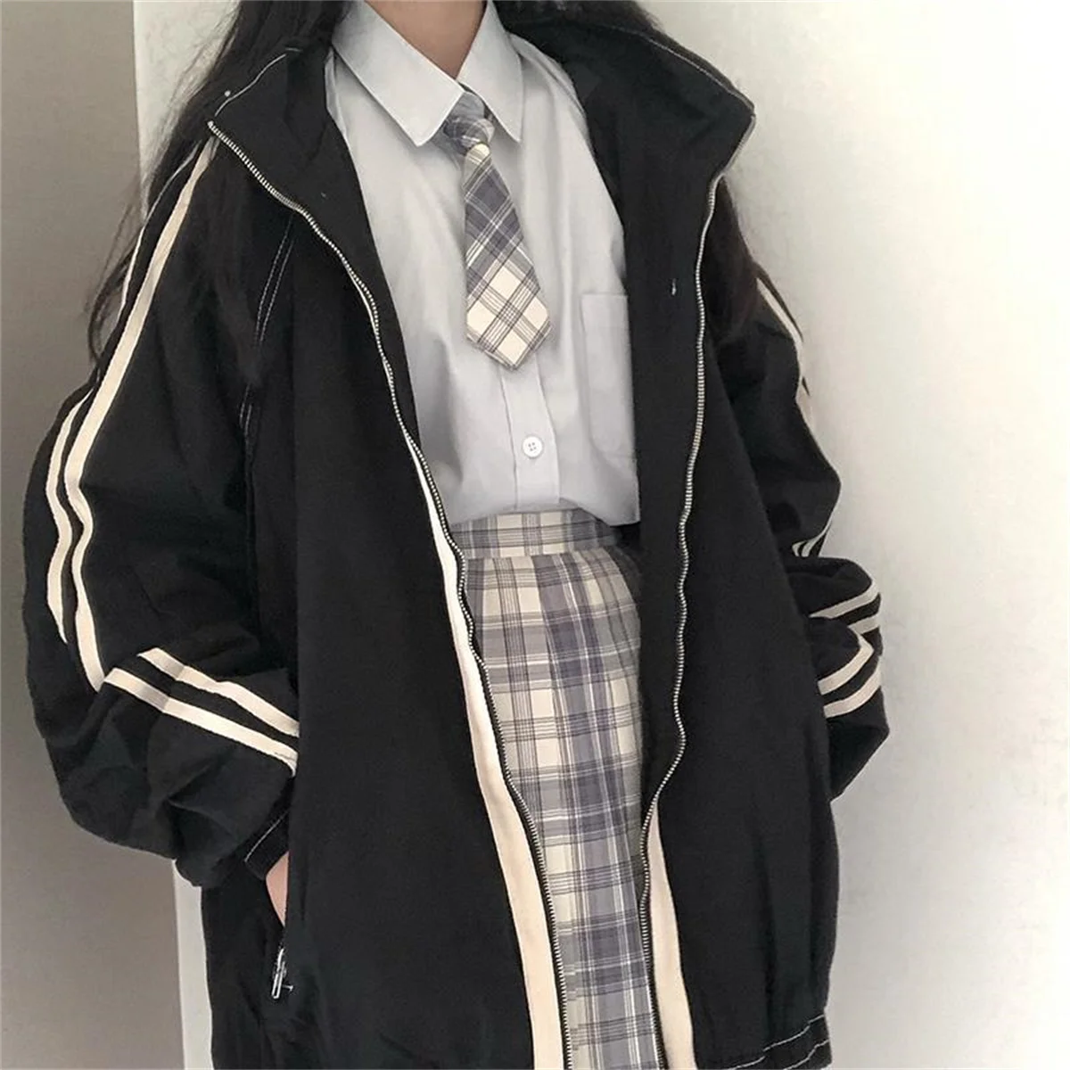 Spring Autumn Women Preppy Jackets Student Baggy Stand Collar Zipper Coats All-match Baseball Tooling Patchwork Outwear Casual