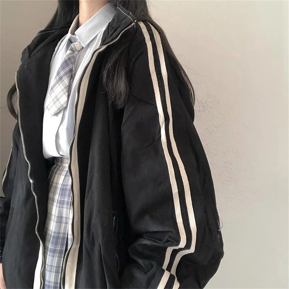 Spring Autumn Women Preppy Jackets Student Baggy Stand Collar Zipper Coats All-match Baseball Tooling Patchwork Outwear Casual