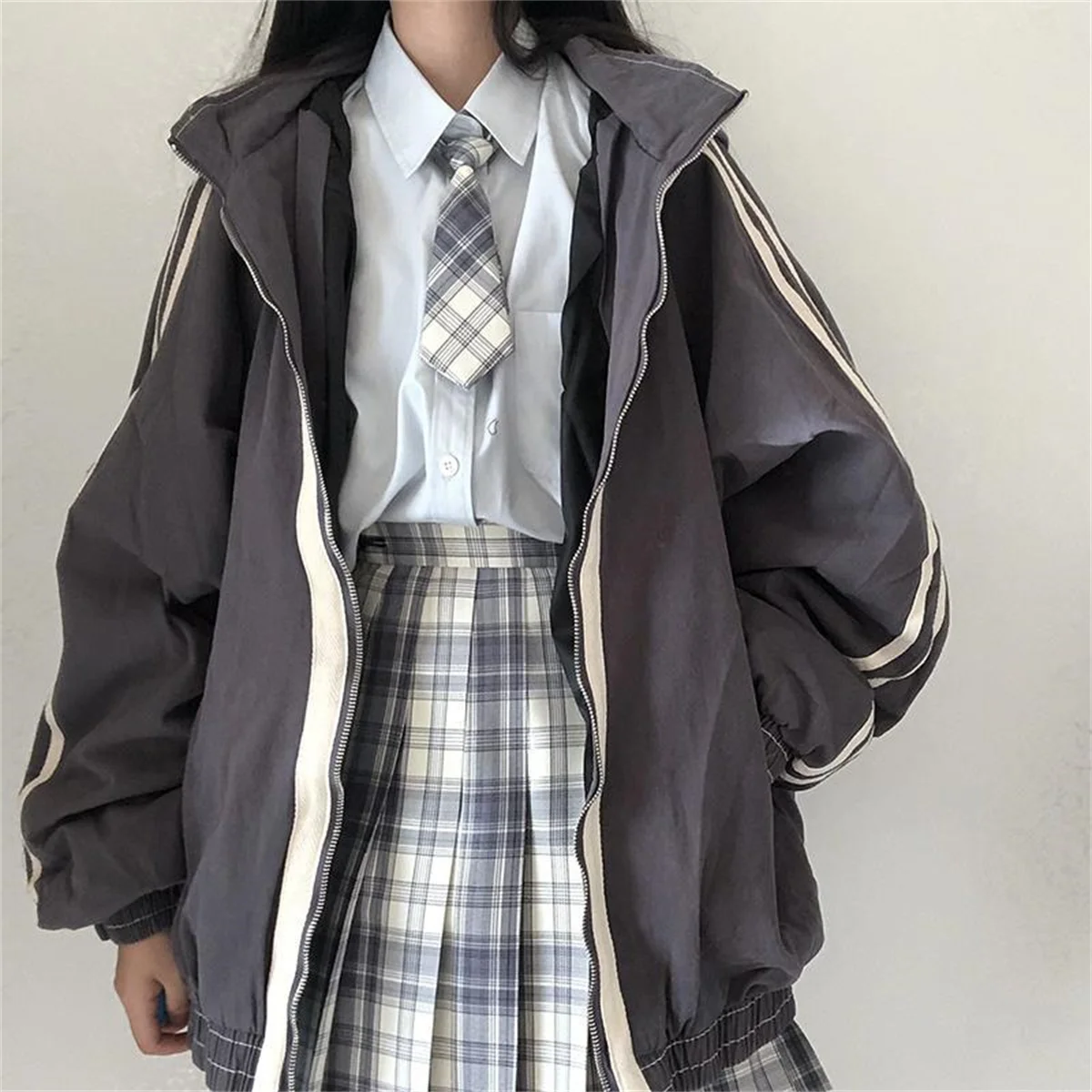 Spring Autumn Women Preppy Jackets Student Baggy Stand Collar Zipper Coats All-match Baseball Tooling Patchwork Outwear Casual