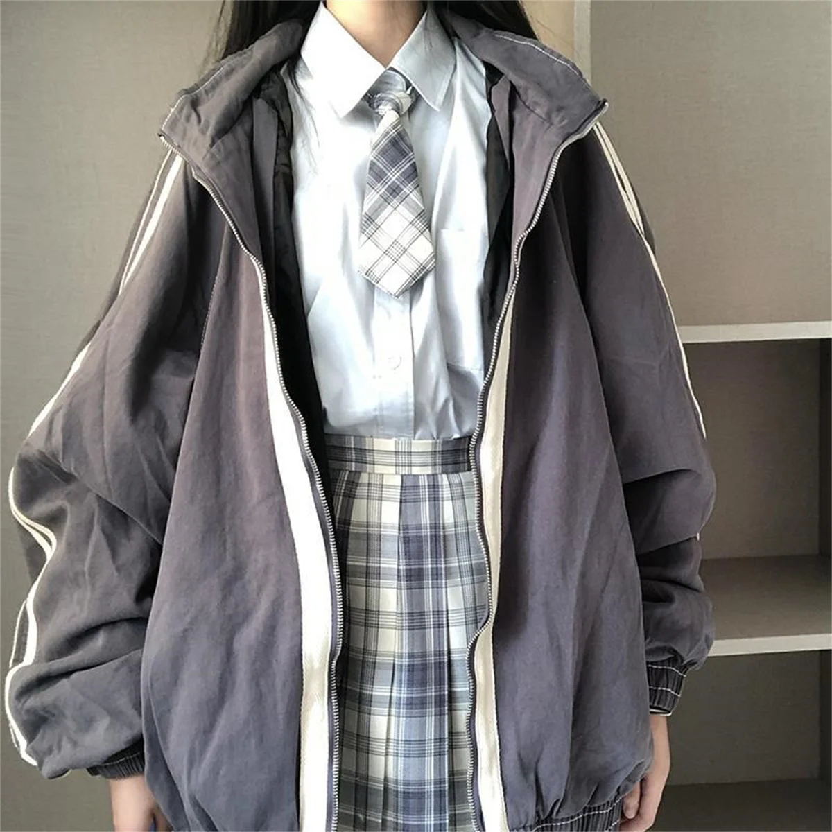 Spring Autumn Women Preppy Jackets Student Baggy Stand Collar Zipper Coats All-match Baseball Tooling Patchwork Outwear Casual