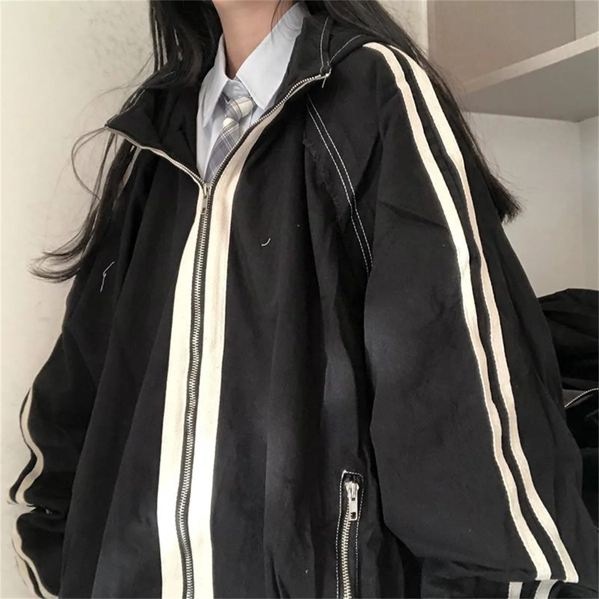 Spring Autumn Women Preppy Jackets Student Baggy Stand Collar Zipper Coats All-match Baseball Tooling Patchwork Outwear Casual