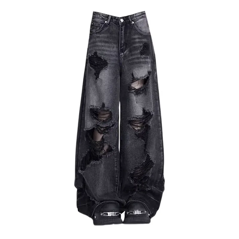 High Street Vintage Black Ripped Jeans Fashion Wide Leg Pants Women'S High Waisted Straight Leg Pants Baggy Pants Y2k Jeans