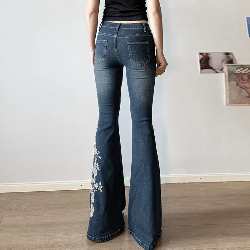 Women Retro Y2k Jeans Baggy Floral Embroidery Jeans Vintage 2000s Low Rise Flared Denim Pants High Street Basic Trousers
