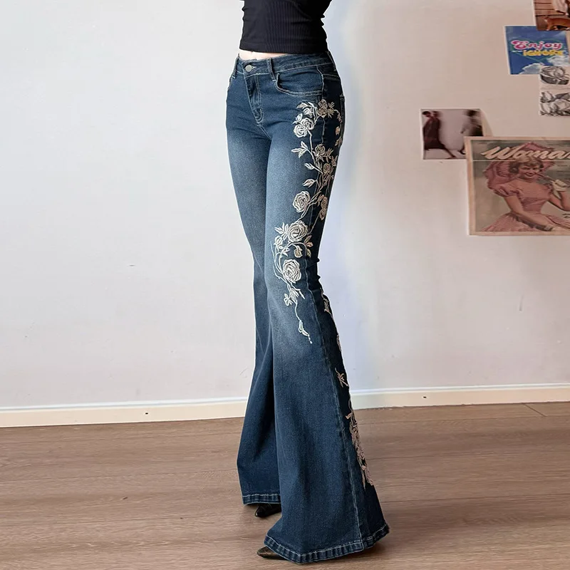 Women Retro Y2k Jeans Baggy Floral Embroidery Jeans Vintage 2000s Low Rise Flared Denim Pants High Street Basic Trousers