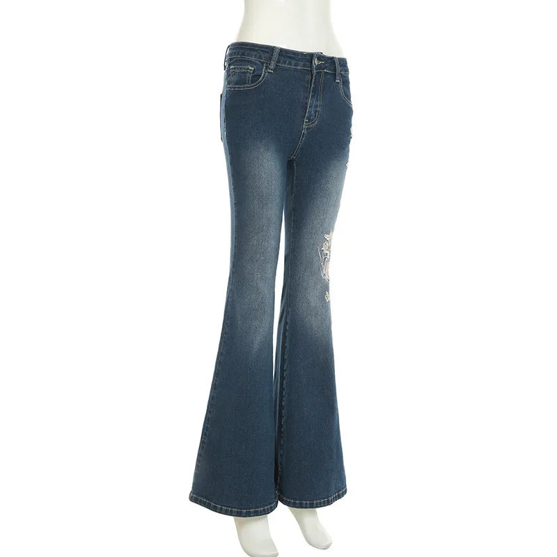 Women Retro Y2k Jeans Baggy Floral Embroidery Jeans Vintage 2000s Low Rise Flared Denim Pants High Street Basic Trousers