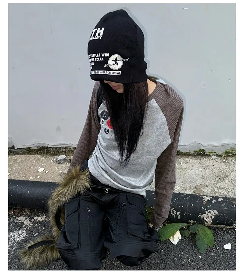 Karrram Japanese Y2k Patchwork T-shirt Vintage 2000s Style Knitted Tops 90s Harajuku Long Sleeve Ribbed T Shirt American Retro