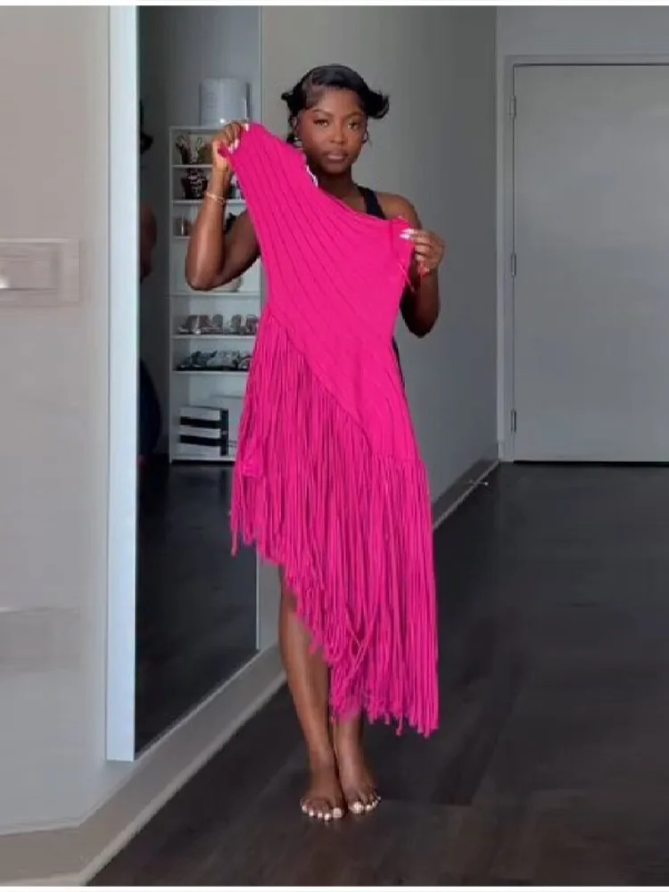 Women's Summer Trend Sexy Fringe Pure Color Skirt Irregular Cut Backless Sleeveless Party Dresses Stylish Date Club Evening Gown