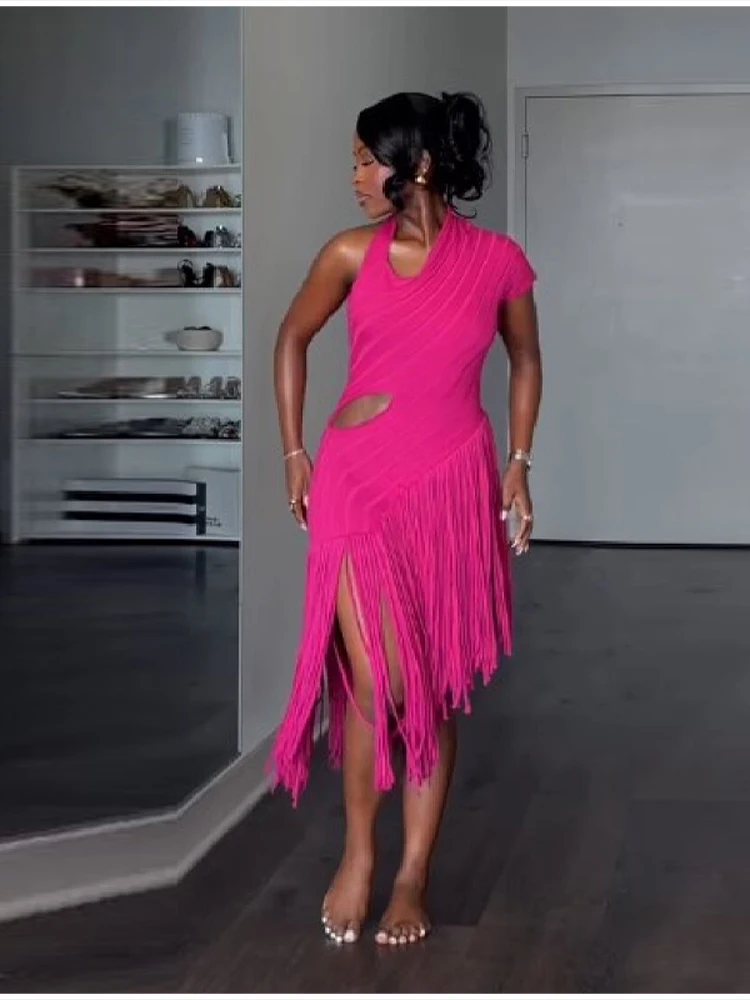 Women's Summer Trend Sexy Fringe Pure Color Skirt Irregular Cut Backless Sleeveless Party Dresses Stylish Date Club Evening Gown