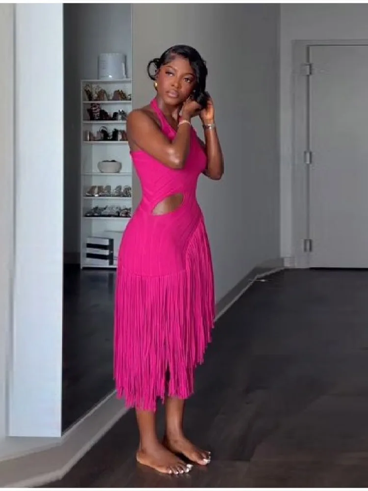 Women's Summer Trend Sexy Fringe Pure Color Skirt Irregular Cut Backless Sleeveless Party Dresses Stylish Date Club Evening Gown