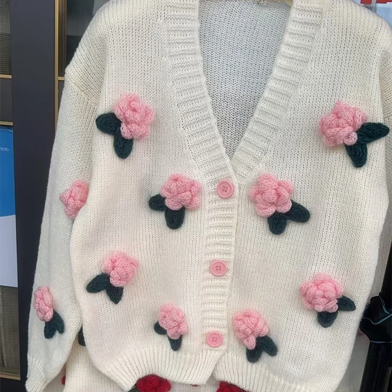 New 3D Flower Knitted Cardigan Women Sweet Cute Korean All-Match V-Neck Sweater Coat Autumn Winter Gentle Style Knitted Cardigan