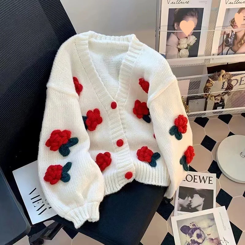 New 3D Flower Knitted Cardigan Women Sweet Cute Korean All-Match V-Neck Sweater Coat Autumn Winter Gentle Style Knitted Cardigan
