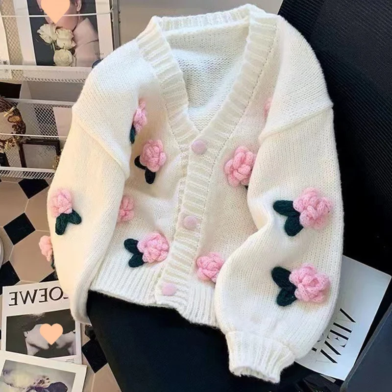 New 3D Flower Knitted Cardigan Women Sweet Cute Korean All-Match V-Neck Sweater Coat Autumn Winter Gentle Style Knitted Cardigan