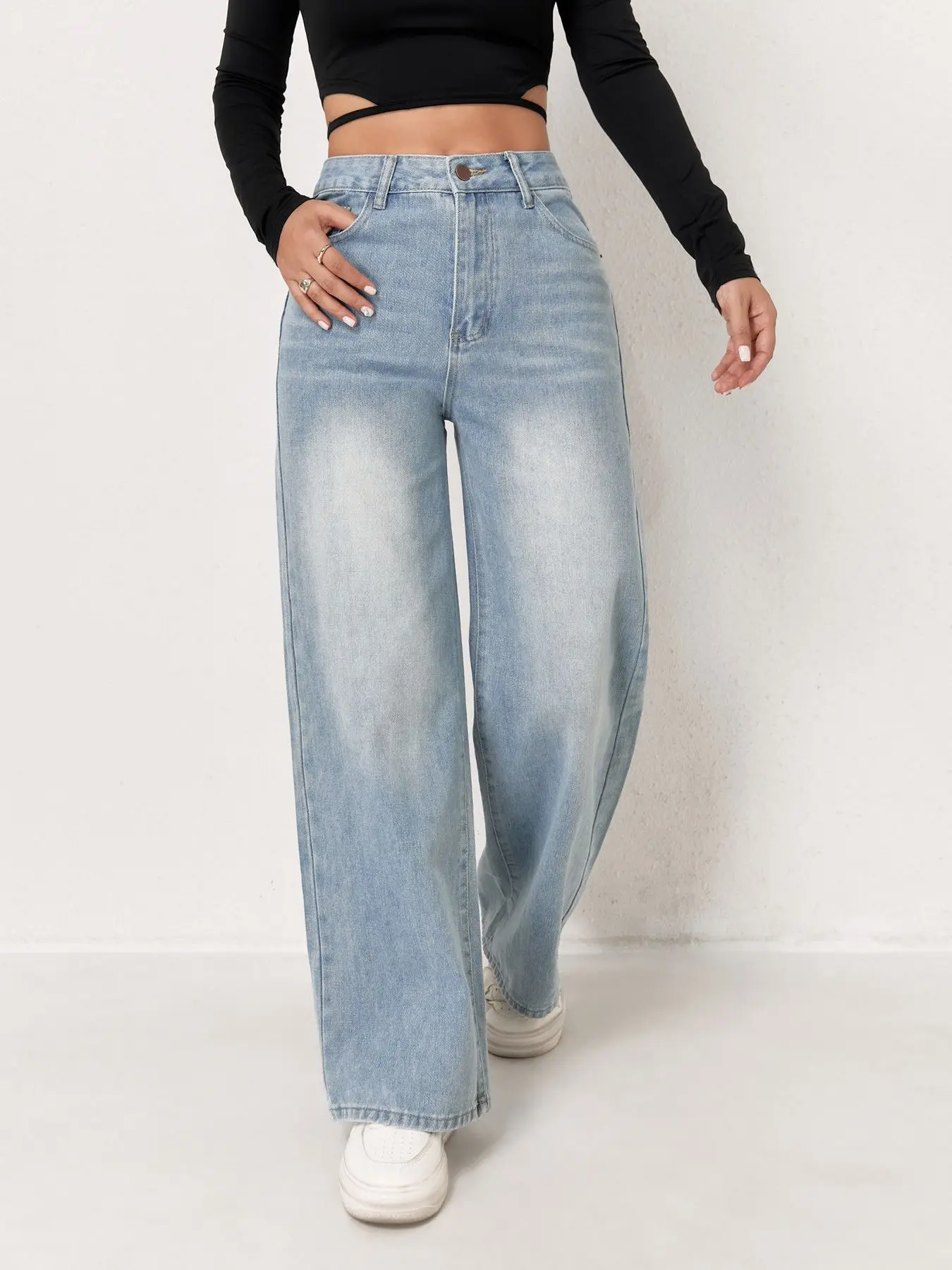 Jeans For Woman Y2k Clothes Light Blue Wide Leg Denim Pants Loose Fashion Simple Stretch Free Four Seasons Popular Casual