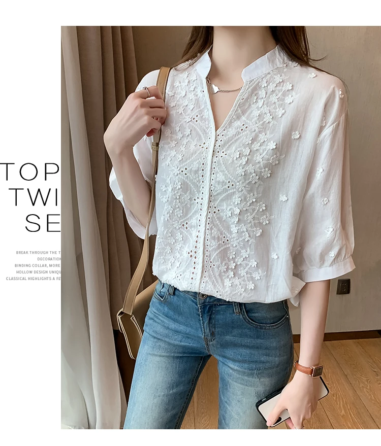 Summer Floral Embroidery Lace Blouse Fashion Women V Neck Casual Shirt Chic Short Sleeve Hollow Out Tops Elegant Blusas 24350