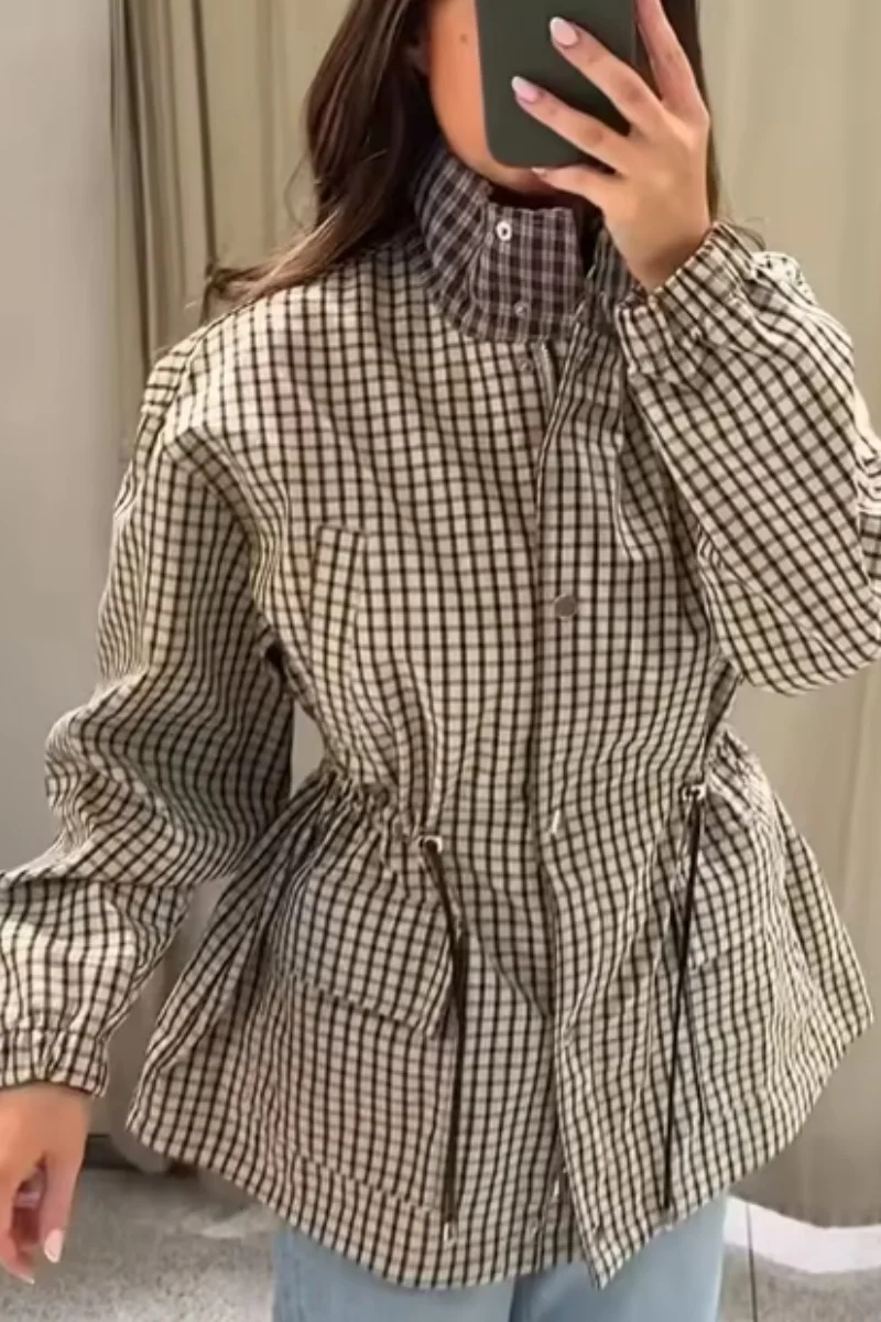 Women's Jacket 2026 Vintage Plaid Waist-Cinched Stand Collar Long Sleeve Loose Fit New Casual Street Elegant Women's Coat