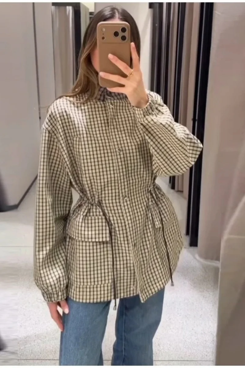 Women's Jacket 2026 Vintage Plaid Waist-Cinched Stand Collar Long Sleeve Loose Fit New Casual Street Elegant Women's Coat