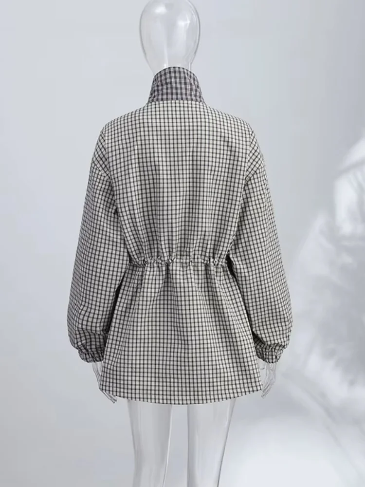 Women's Jacket 2026 Vintage Plaid Waist-Cinched Stand Collar Long Sleeve Loose Fit New Casual Street Elegant Women's Coat