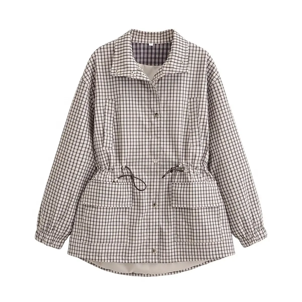 Women's Jacket 2026 Vintage Plaid Waist-Cinched Stand Collar Long Sleeve Loose Fit New Casual Street Elegant Women's Coat