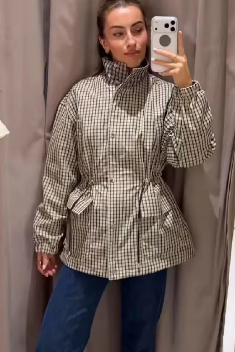 Women's Jacket 2026 Vintage Plaid Waist-Cinched Stand Collar Long Sleeve Loose Fit New Casual Street Elegant Women's Coat