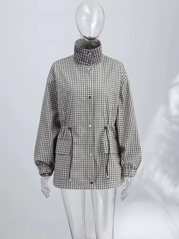 Women's Jacket 2026 Vintage Plaid Waist-Cinched Stand Collar Long Sleeve Loose Fit New Casual Street Elegant Women's Coat