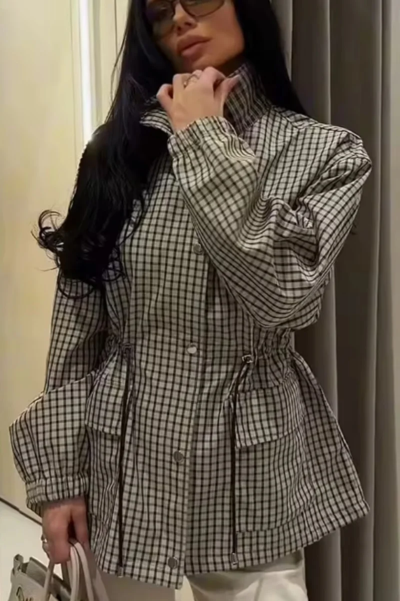 Women's Jacket 2026 Vintage Plaid Waist-Cinched Stand Collar Long Sleeve Loose Fit New Casual Street Elegant Women's Coat