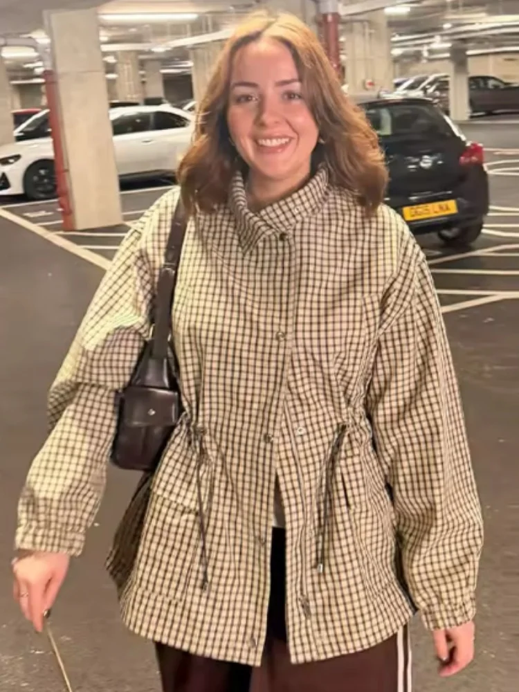 Women's Jacket 2026 Vintage Plaid Waist-Cinched Stand Collar Long Sleeve Loose Fit New Casual Street Elegant Women's Coat