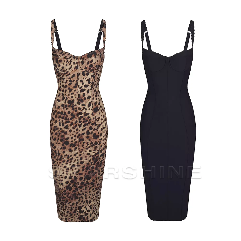 Sexy Leopard Print Dress Women's Sleeveless Fitted Stretch Bodycon Mid-Calf Dress Clubwear Evening Party Dresses