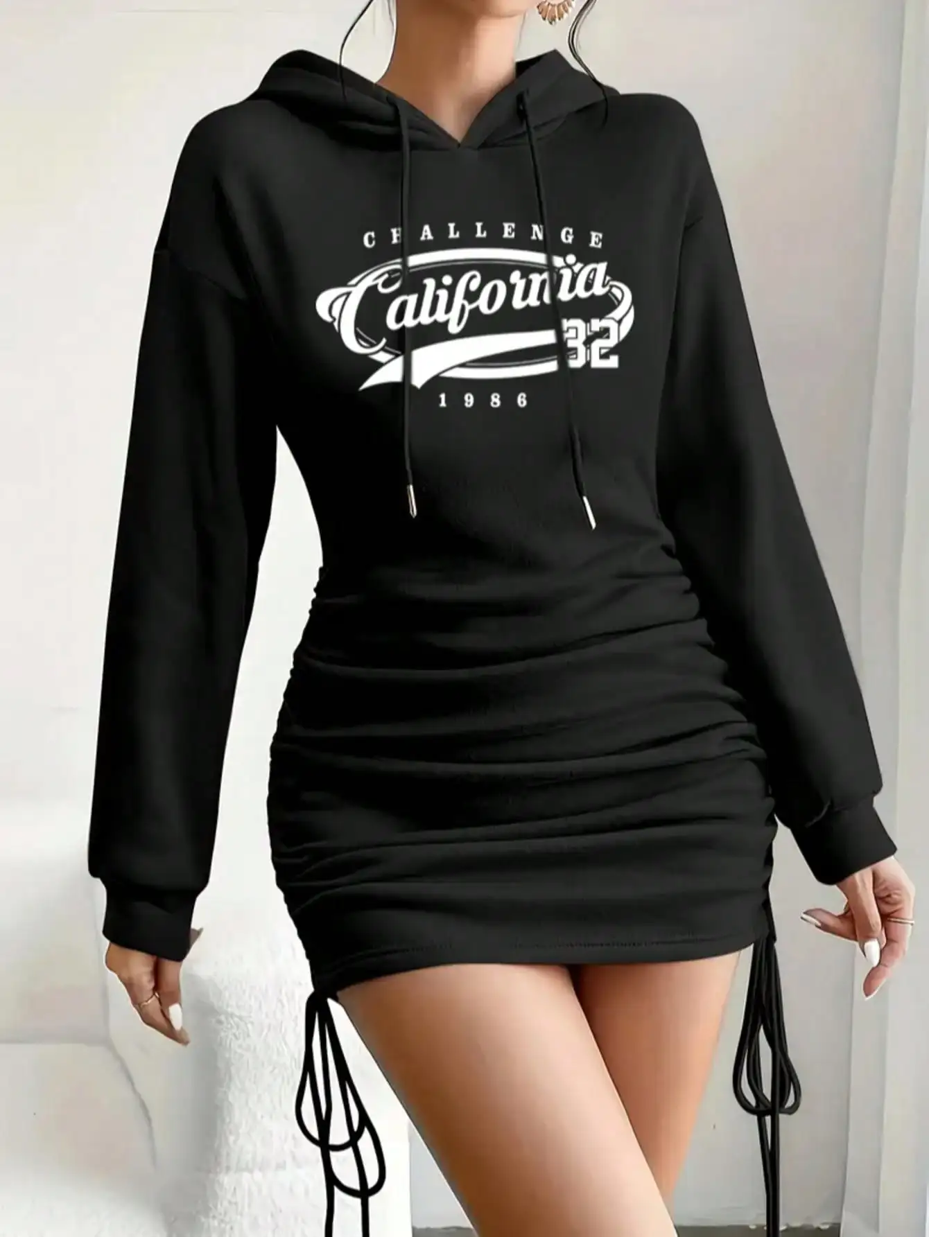 2026 Women's New Casual Long Sleeved Solid Color Pattern Short Hooded Dress Short Skirt, Suitable for Daily Outdoor Wear