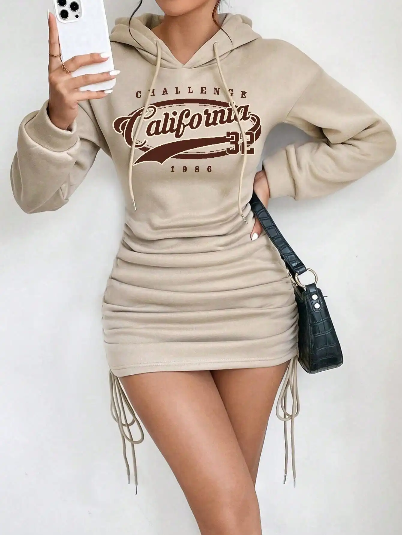 2026 Women's New Casual Long Sleeved Solid Color Pattern Short Hooded Dress Short Skirt, Suitable for Daily Outdoor Wear