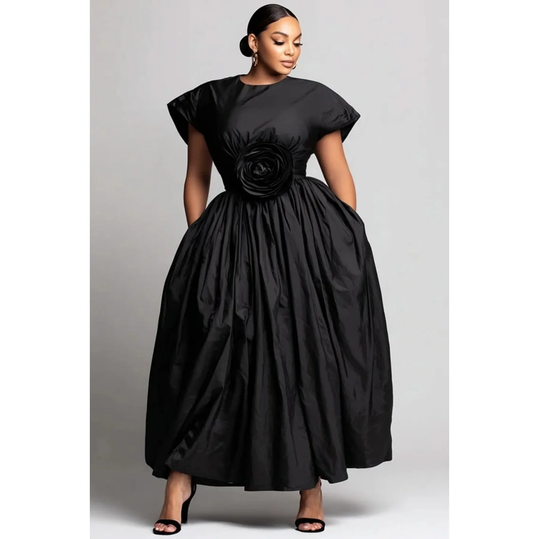 Women Plus Size Midi Dress Rose Applique Ball Gown Round Neck Short Sleeve High Waist Elegant Formal Party Dress with Pockets
