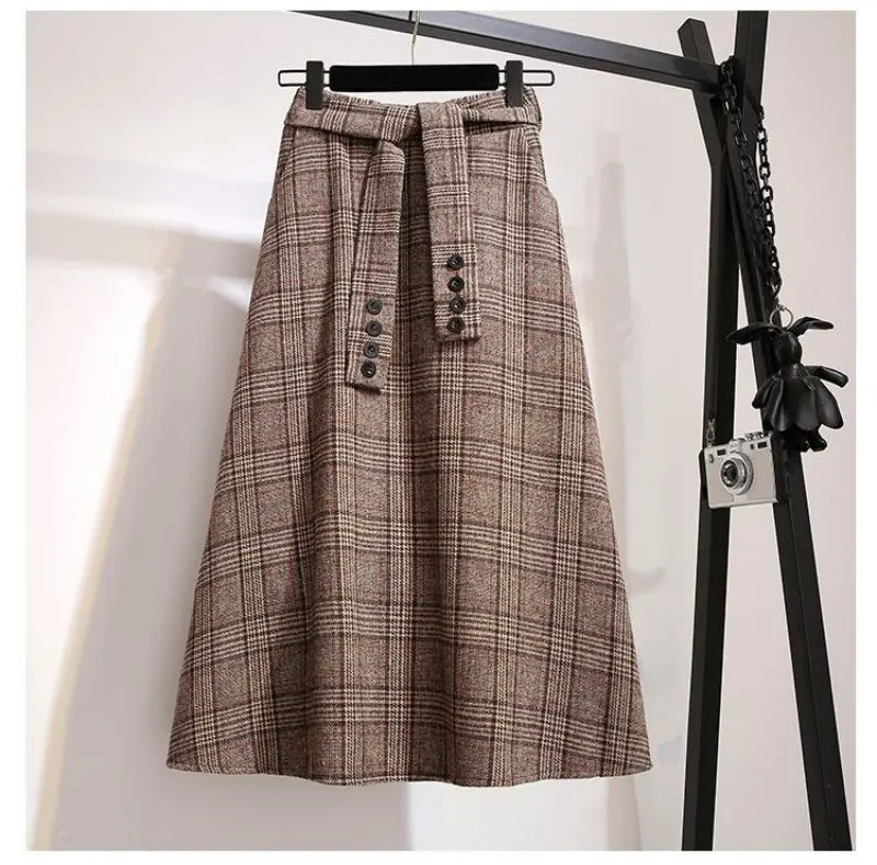Plaid Striped Vintage A-line High Waist Buttons Lace Up Loose Women's Skirt Mid-Calf Long Skirts For Women Clothing Fashion 2024