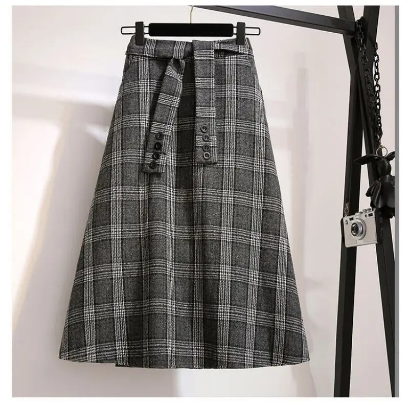 Plaid Striped Vintage A-line High Waist Buttons Lace Up Loose Women's Skirt Mid-Calf Long Skirts For Women Clothing Fashion 2024