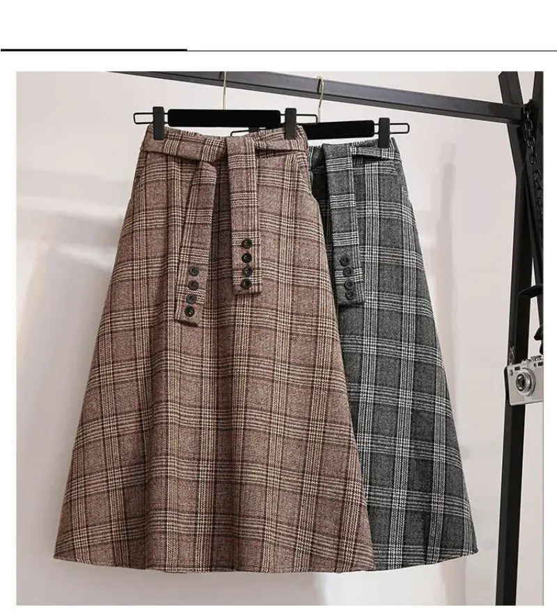 Plaid Striped Vintage A-line High Waist Buttons Lace Up Loose Women's Skirt Mid-Calf Long Skirts For Women Clothing Fashion 2024