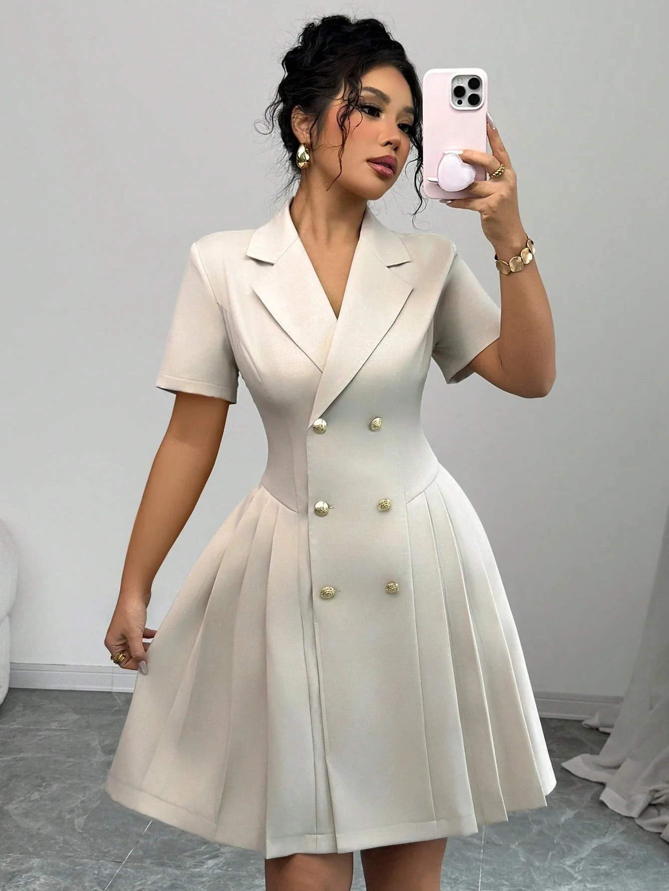 Elegant and Formal Women's Dresses Notched Lapel Collar Short Sleeve Double Breasted Flared Skirt Formal Office Blazer Dress