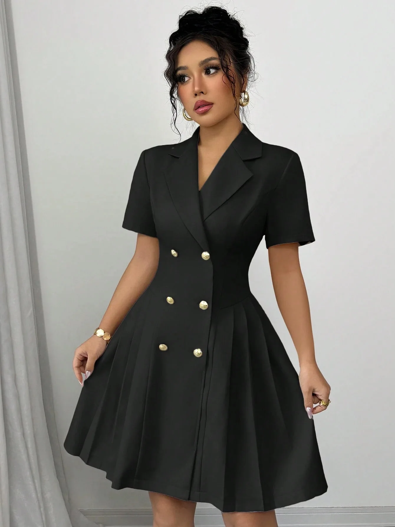 Elegant and Formal Women's Dresses Notched Lapel Collar Short Sleeve Double Breasted Flared Skirt Formal Office Blazer Dress