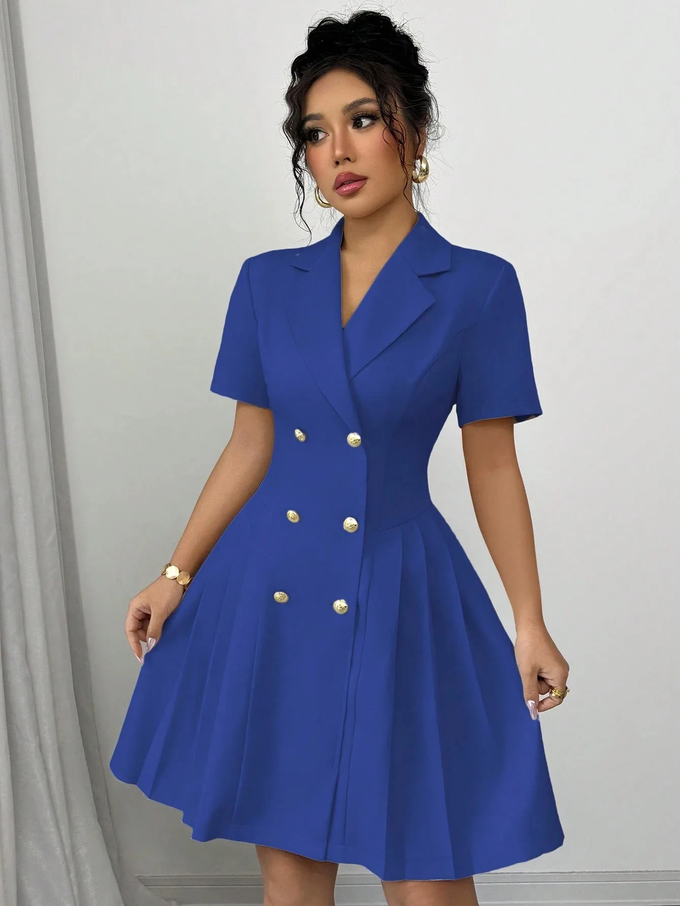 Elegant and Formal Women's Dresses Notched Lapel Collar Short Sleeve Double Breasted Flared Skirt Formal Office Blazer Dress