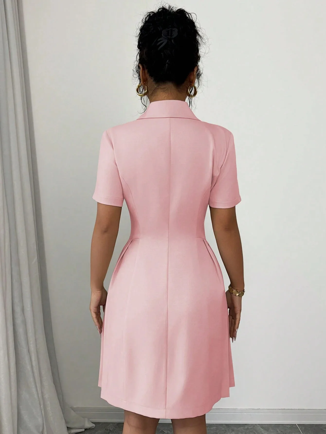 Elegant and Formal Women's Dresses Notched Lapel Collar Short Sleeve Double Breasted Flared Skirt Formal Office Blazer Dress