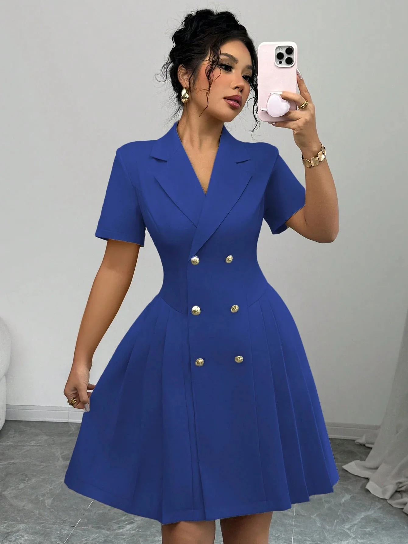 Elegant and Formal Women's Dresses Notched Lapel Collar Short Sleeve Double Breasted Flared Skirt Formal Office Blazer Dress