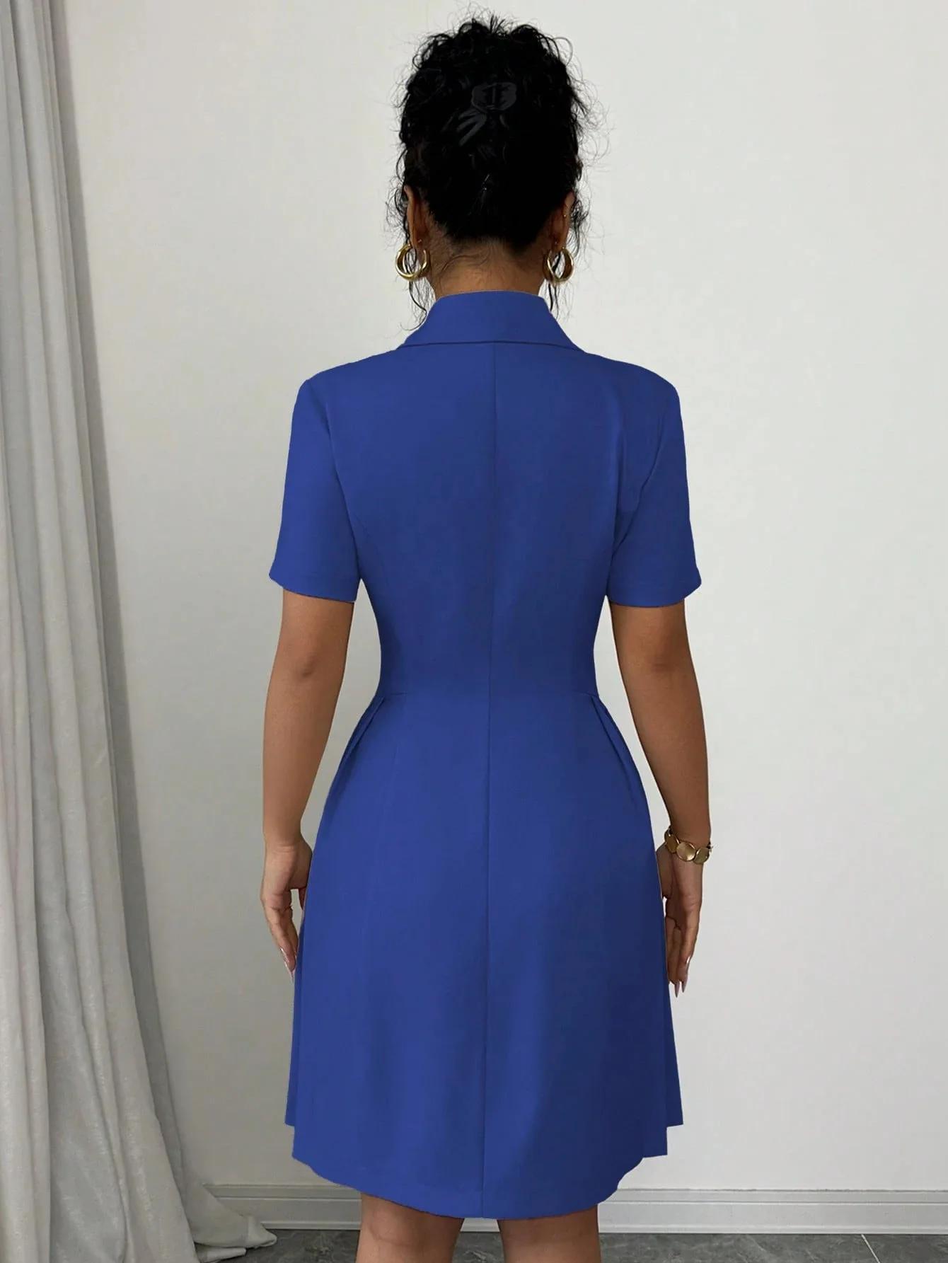 Elegant and Formal Women's Dresses Notched Lapel Collar Short Sleeve Double Breasted Flared Skirt Formal Office Blazer Dress