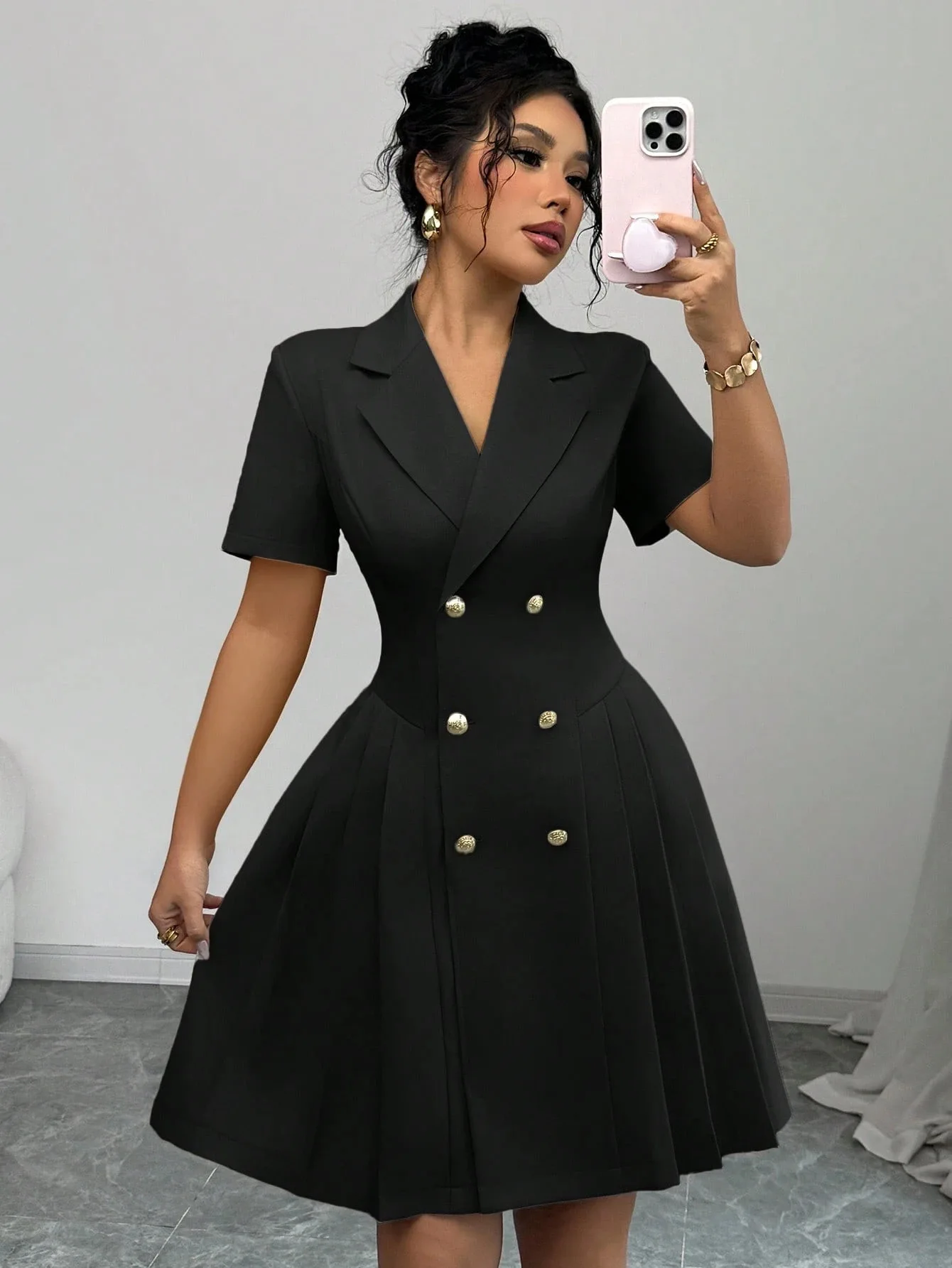 Elegant and Formal Women's Dresses Notched Lapel Collar Short Sleeve Double Breasted Flared Skirt Formal Office Blazer Dress